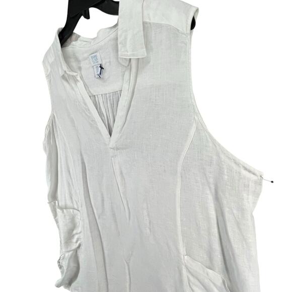 Sigrid Olsen Shirt Womens 1X White Linen Sleeveless V Neck Collared Pockets Top - Picture 2 of 9